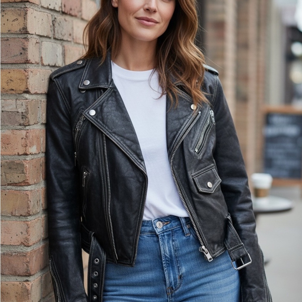 Classic Black Leather Biker Jacket small